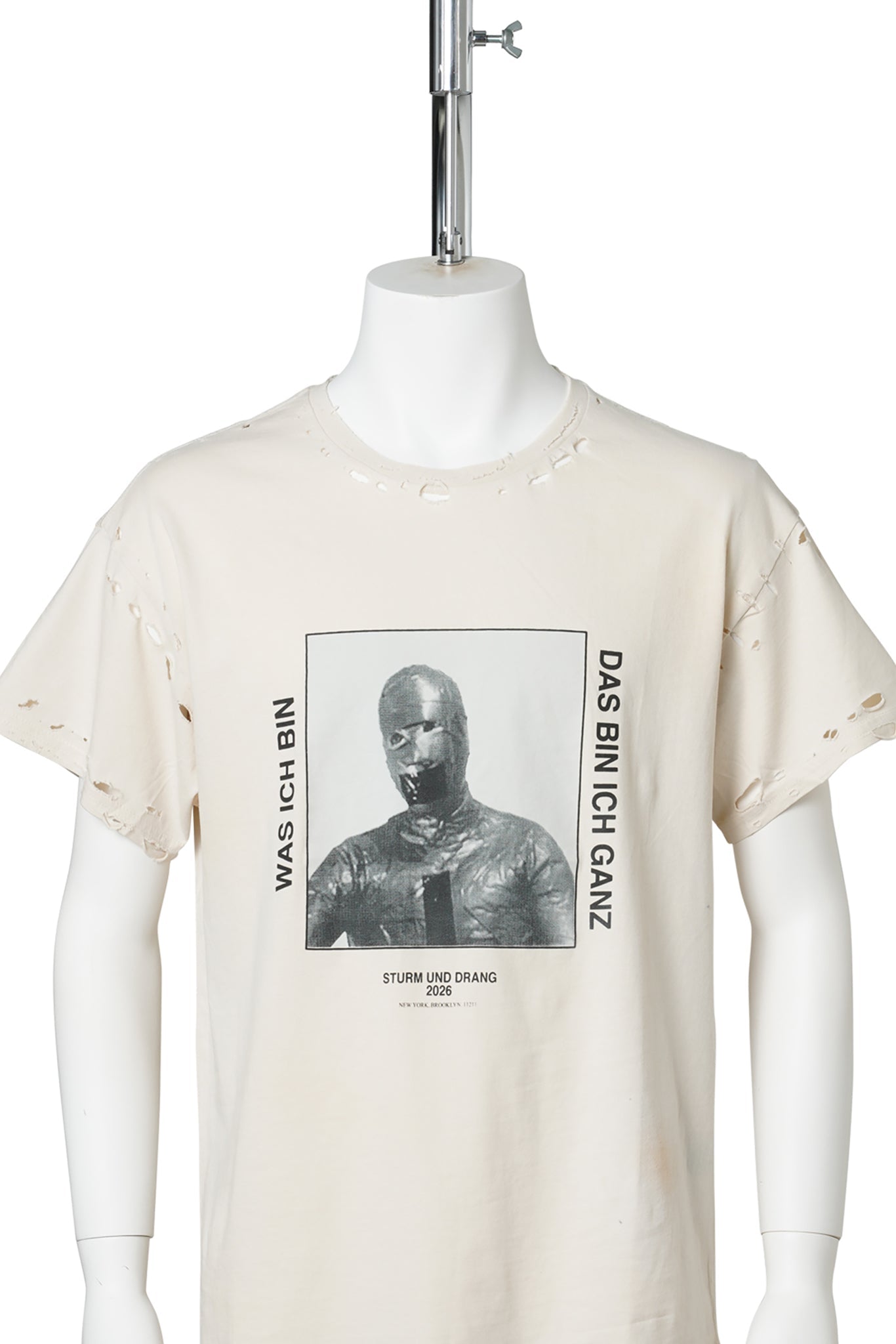 EET T-SHIRT / OFF-WHITE COTTON STAINS DISTRESSED WAS ICH BIN