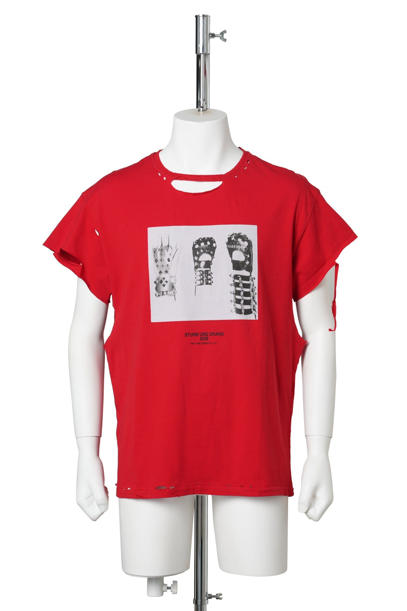 EET T-SHIRT / RED  COTTON DISTRESSED GLOVES