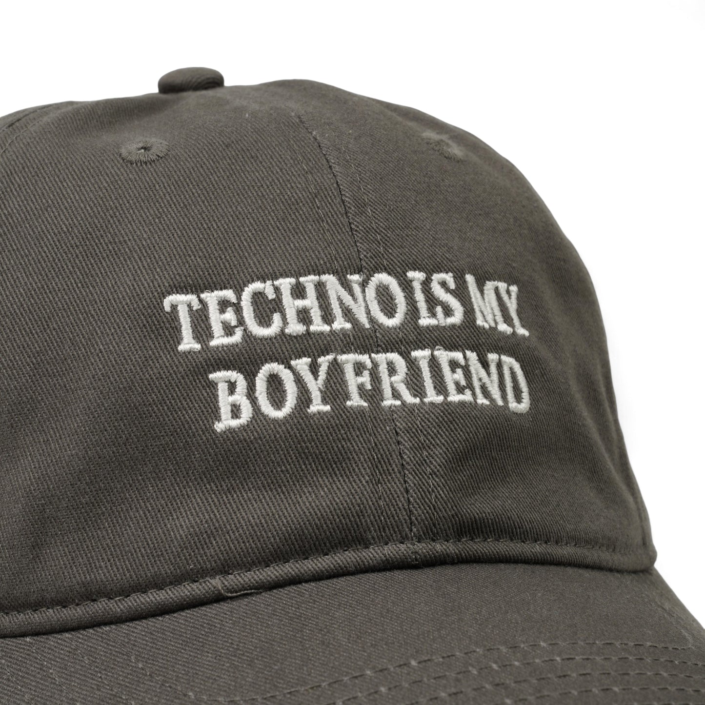 TECHNO IS MY BOYFRIEND HAT / CHARCOAL+WHITE EMBROIDERY