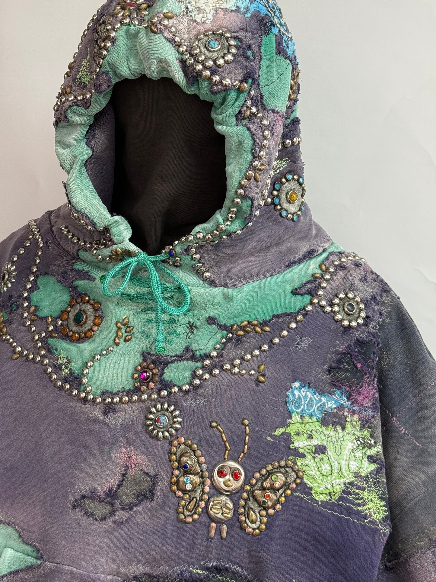 HARD DISTRESSED DEER LEATHER×STUDS HOODIE (HIPPIE FLOWER×BUTTERFLY) / PURPLE