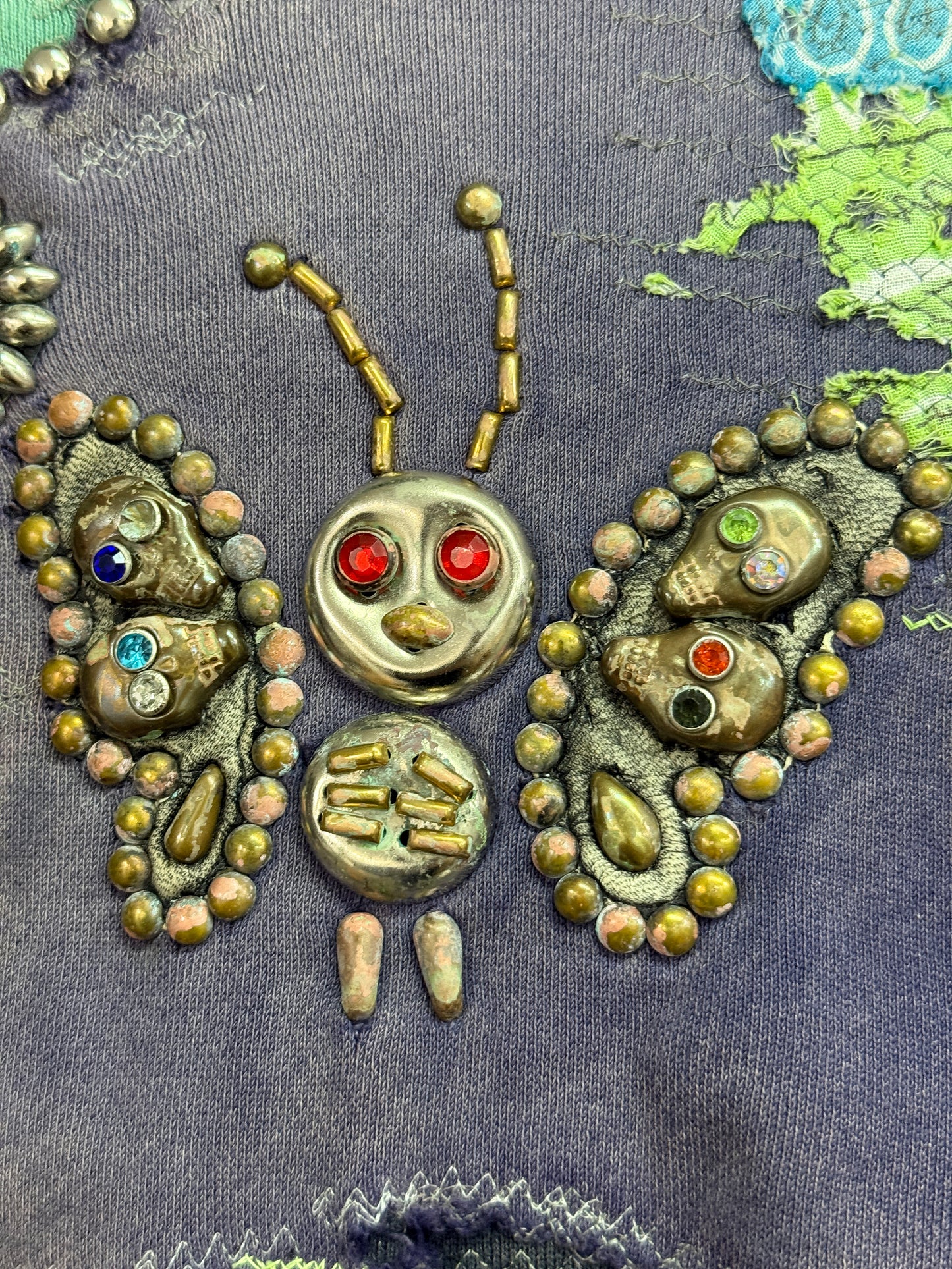 HARD DISTRESSED DEER LEATHER×STUDS HOODIE (HIPPIE FLOWER×BUTTERFLY) / PURPLE