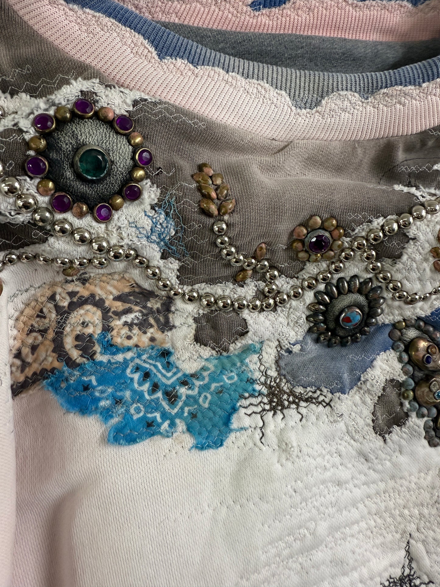 HARD DISTRESSED DEER LEATHER×STUDS HOODIE (HIPPIE FLOWER×BUTTERFLY) / PINK