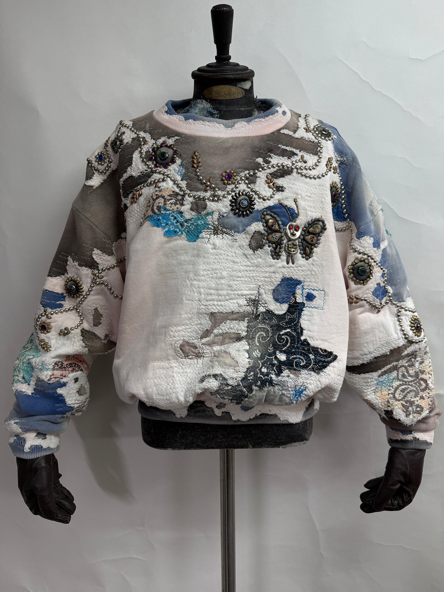 HARD DISTRESSED DEER LEATHER×STUDS HOODIE (HIPPIE FLOWER×BUTTERFLY) / PINK