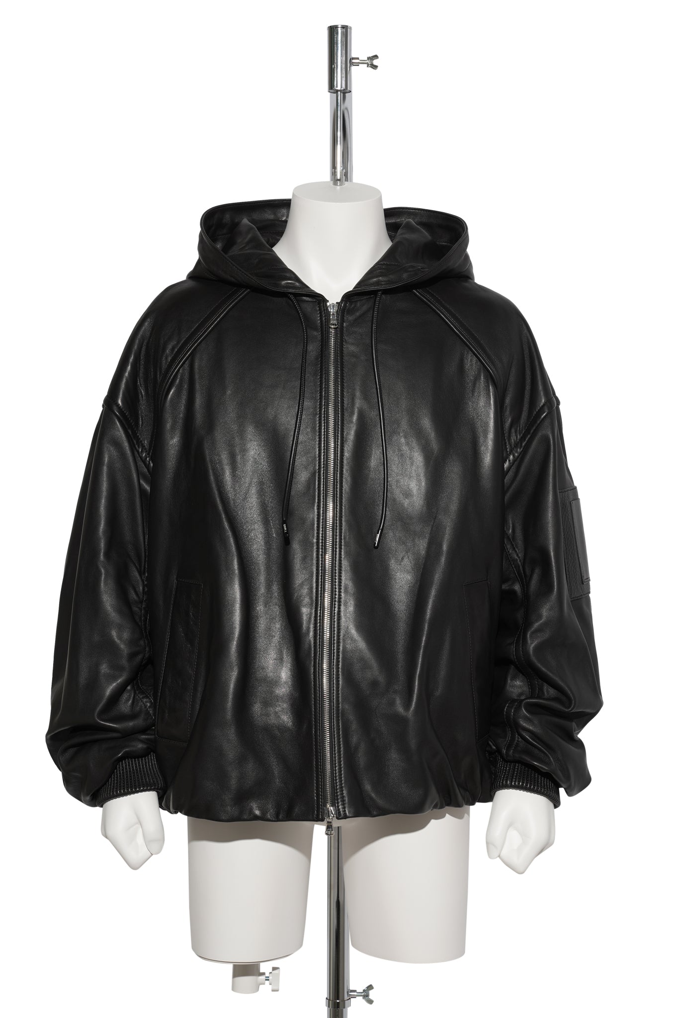 HOODED ZIP-UP LEATHER JUMPER / BLACK