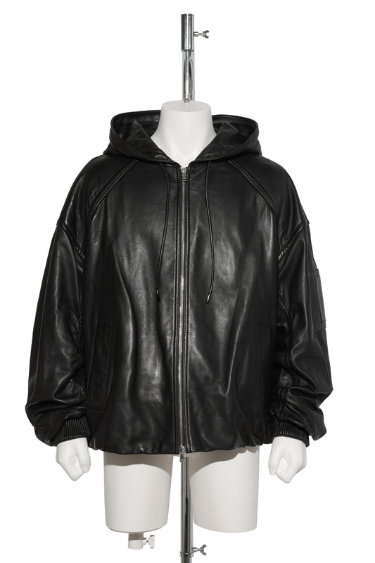 HOODED ZIP-UP LEATHER JUMPER / BLACK