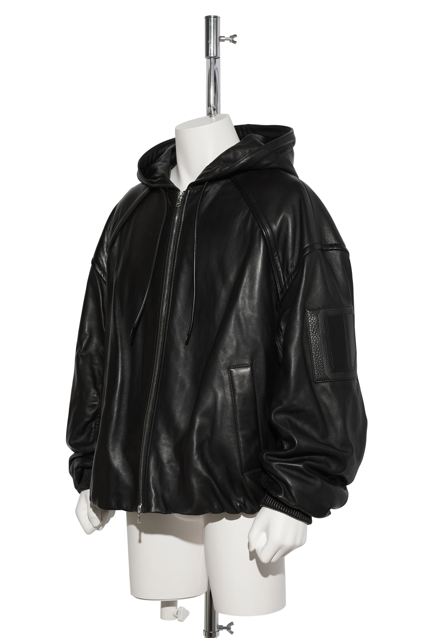 HOODED ZIP-UP LEATHER JUMPER / BLACK