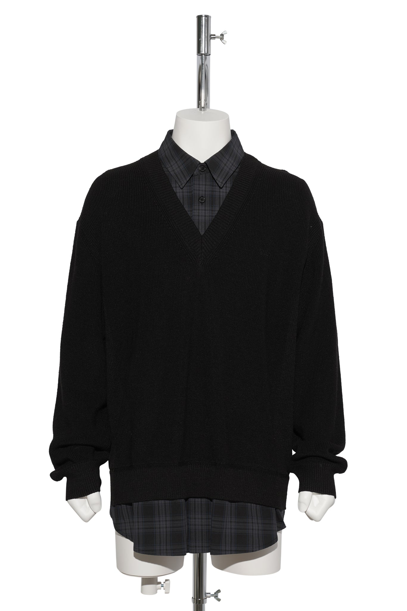 CHECK SHIRTS LAYERED V-NECK SWEATER / BLACK