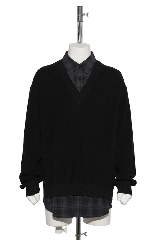 CHECK SHIRTS LAYERED V-NECK SWEATER / BLACK