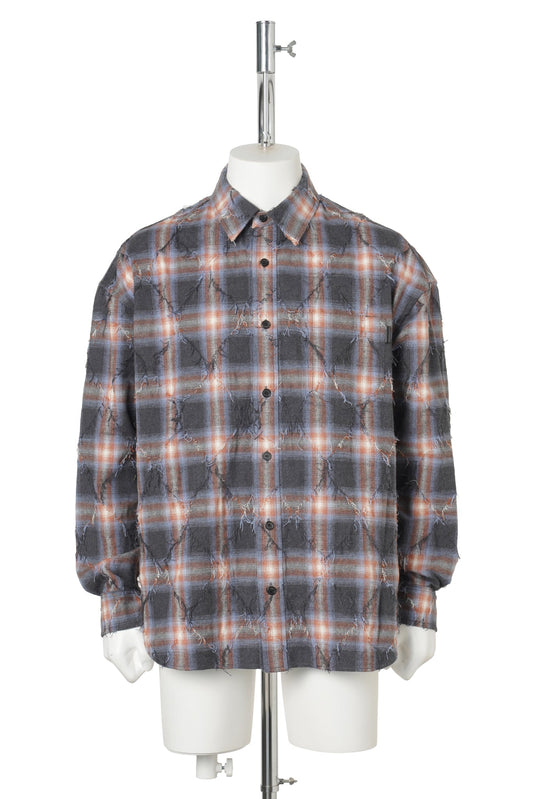 [SIGNATURE] ARGYLE NEEDLE-FRINGED CHECK LOOSE FIT SHIRT / BLUE