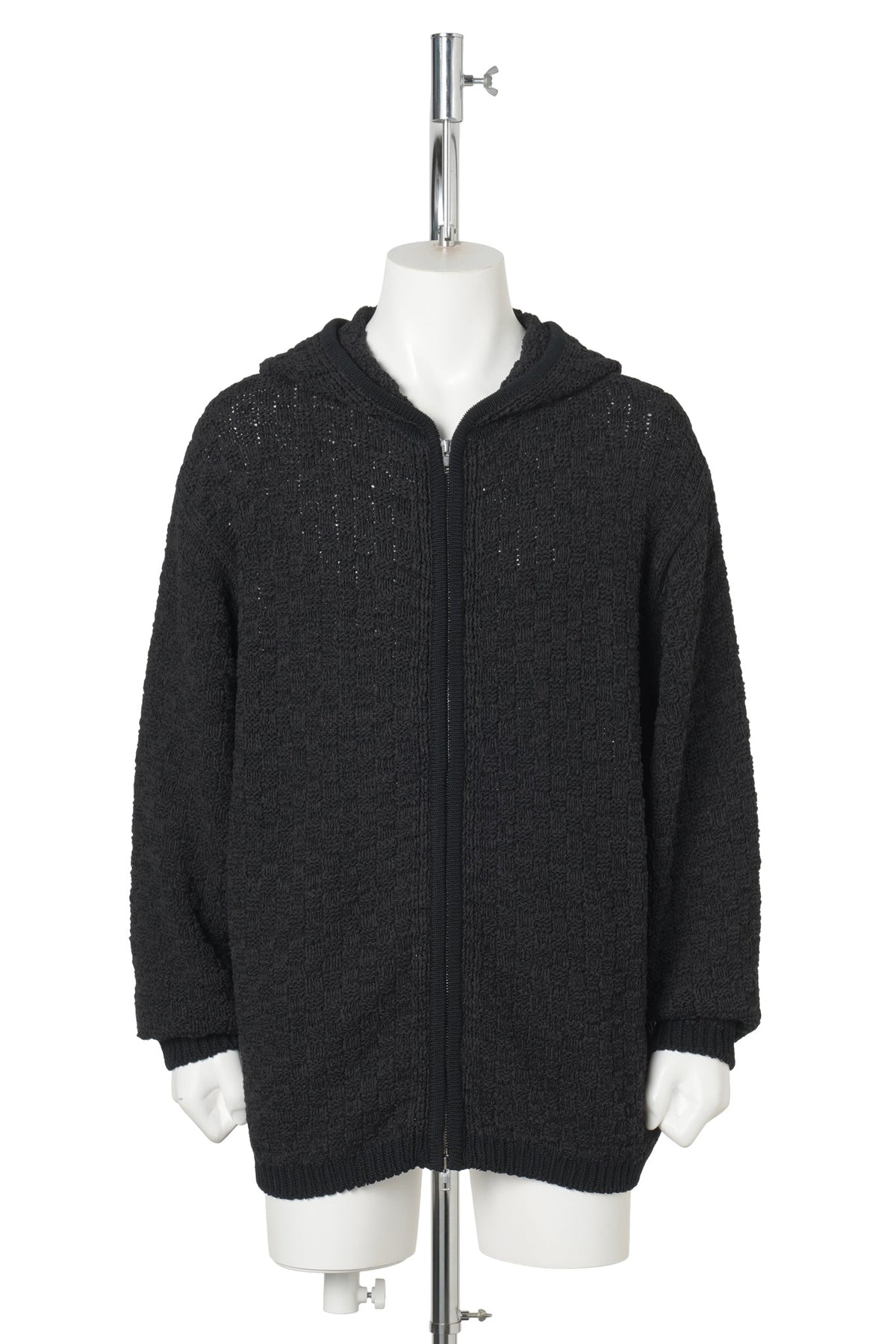 PANAMA‑WEAVE LIGHT KNIT HOOD ZIP‑UP / BLACK
