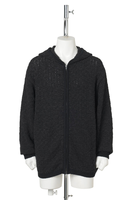 PANAMA‑WEAVE LIGHT KNIT HOOD ZIP‑UP / BLACK