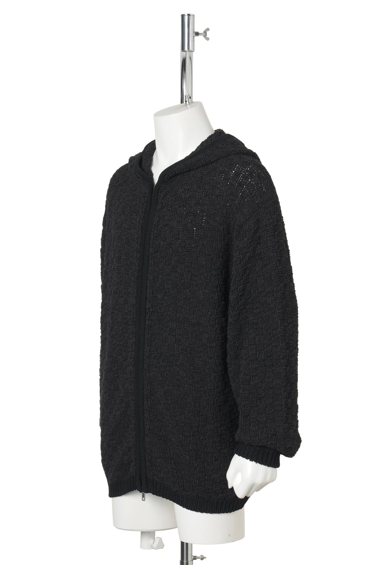 PANAMA‑WEAVE LIGHT KNIT HOOD ZIP‑UP / BLACK
