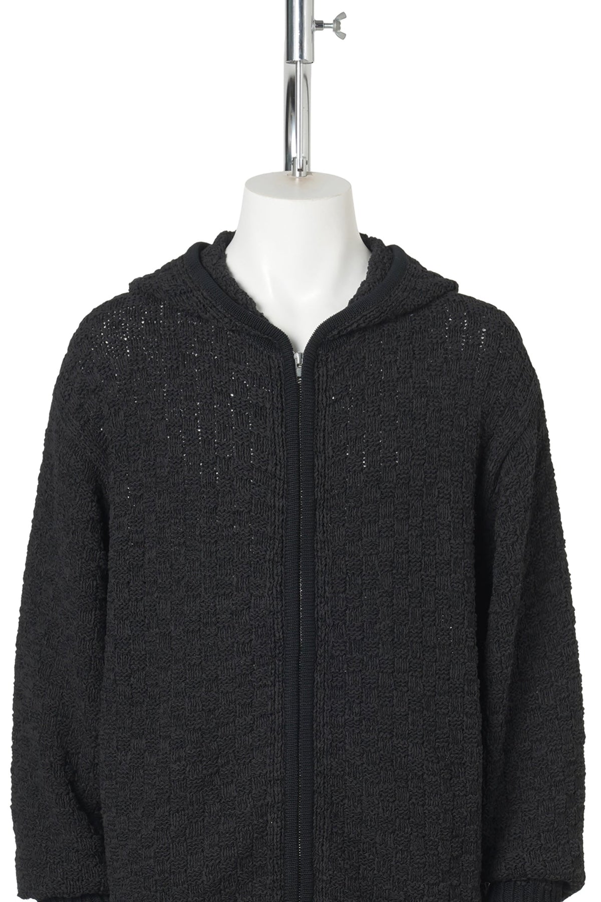 PANAMA‑WEAVE LIGHT KNIT HOOD ZIP‑UP / BLACK
