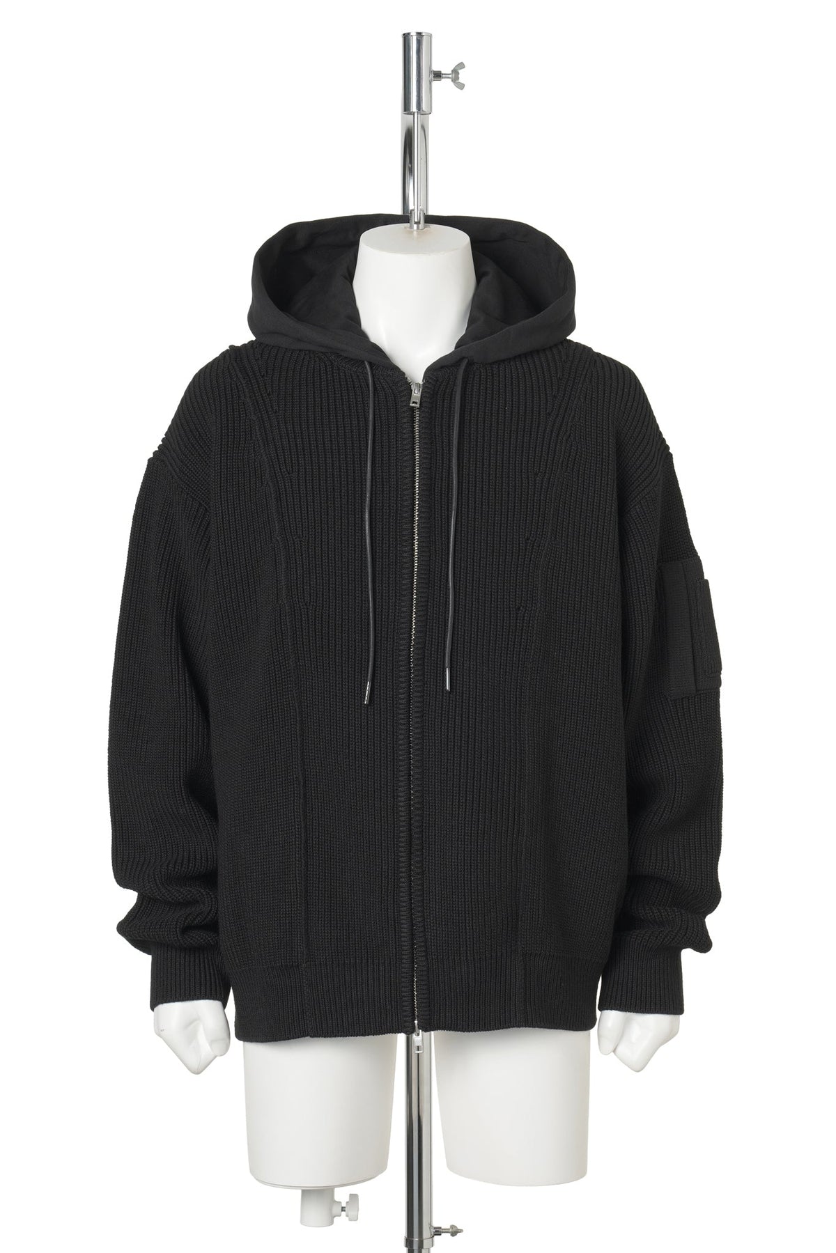 LAYERED HOOD ZIP‑UP KNIT / BLACK