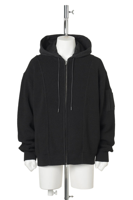 LAYERED HOOD ZIP‑UP KNIT / BLACK
