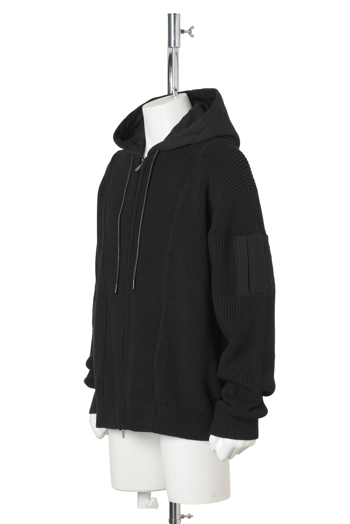 LAYERED HOOD ZIP‑UP KNIT / BLACK