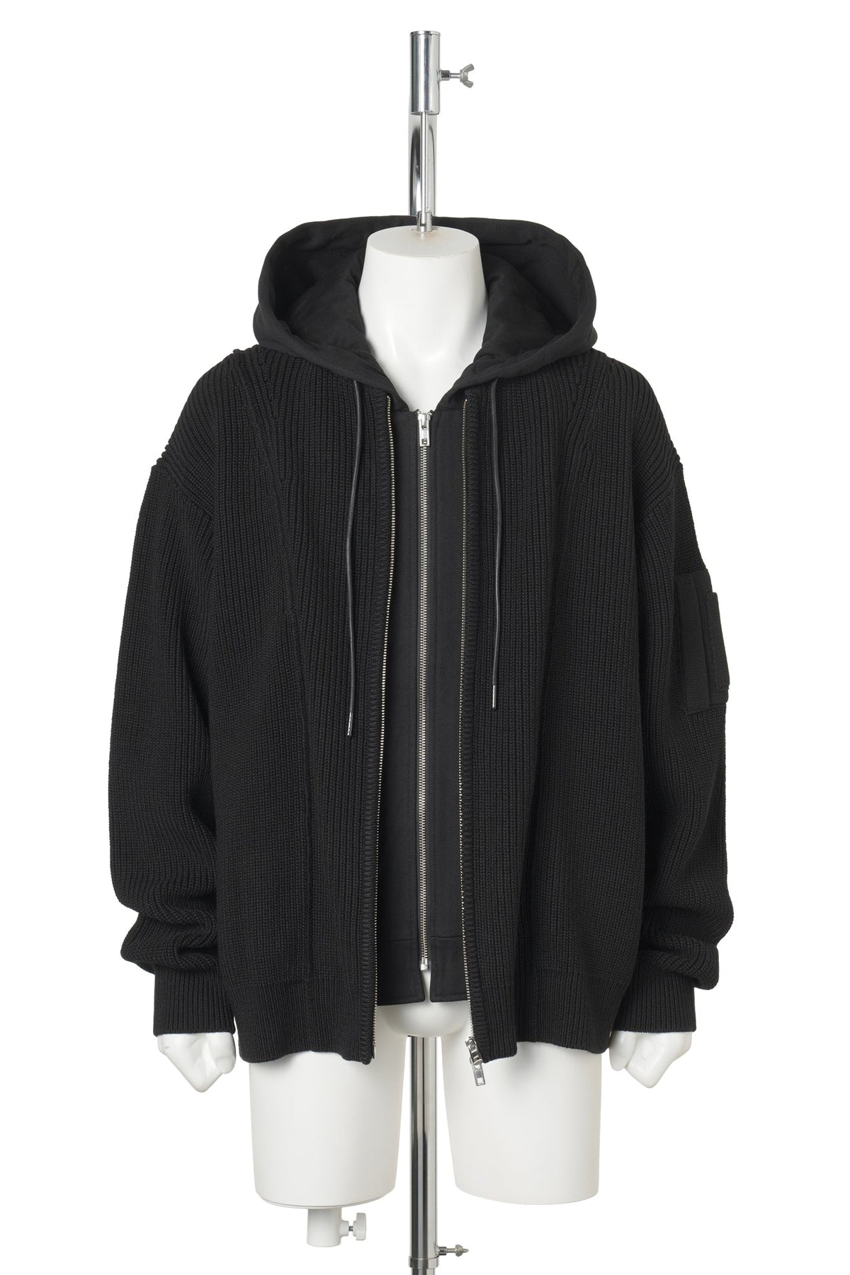 LAYERED HOOD ZIP‑UP KNIT / BLACK