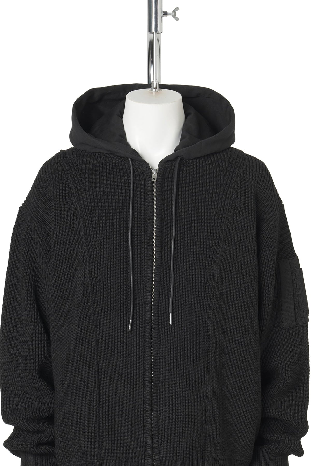 LAYERED HOOD ZIP‑UP KNIT / BLACK