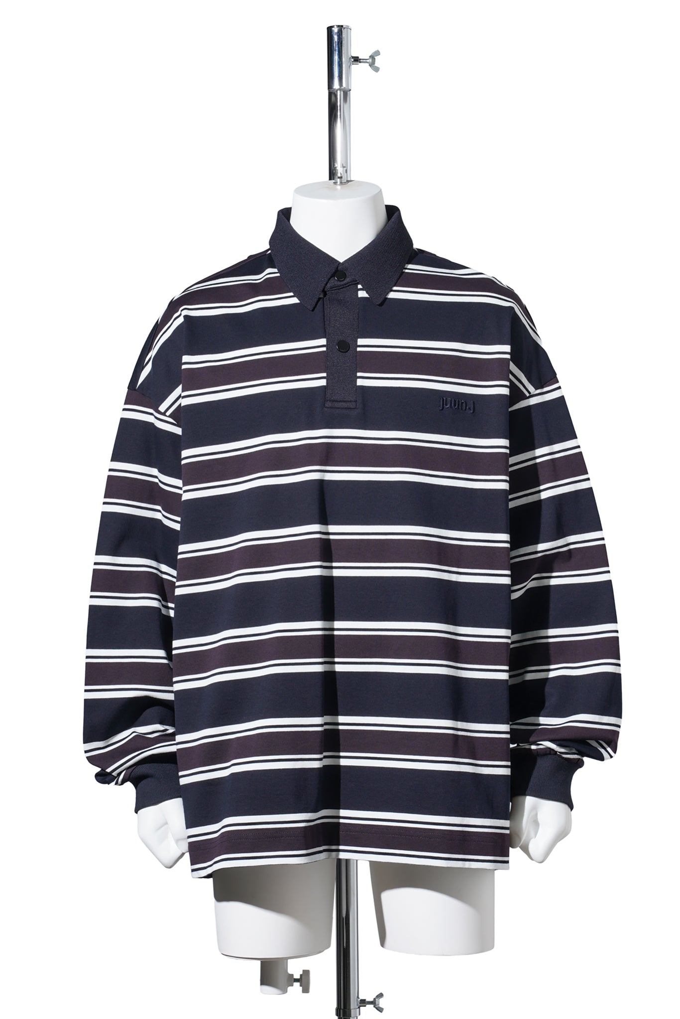 NAVY-BROWN STRIPE OVER FIT POLO LONG SLEEVE / NAVY