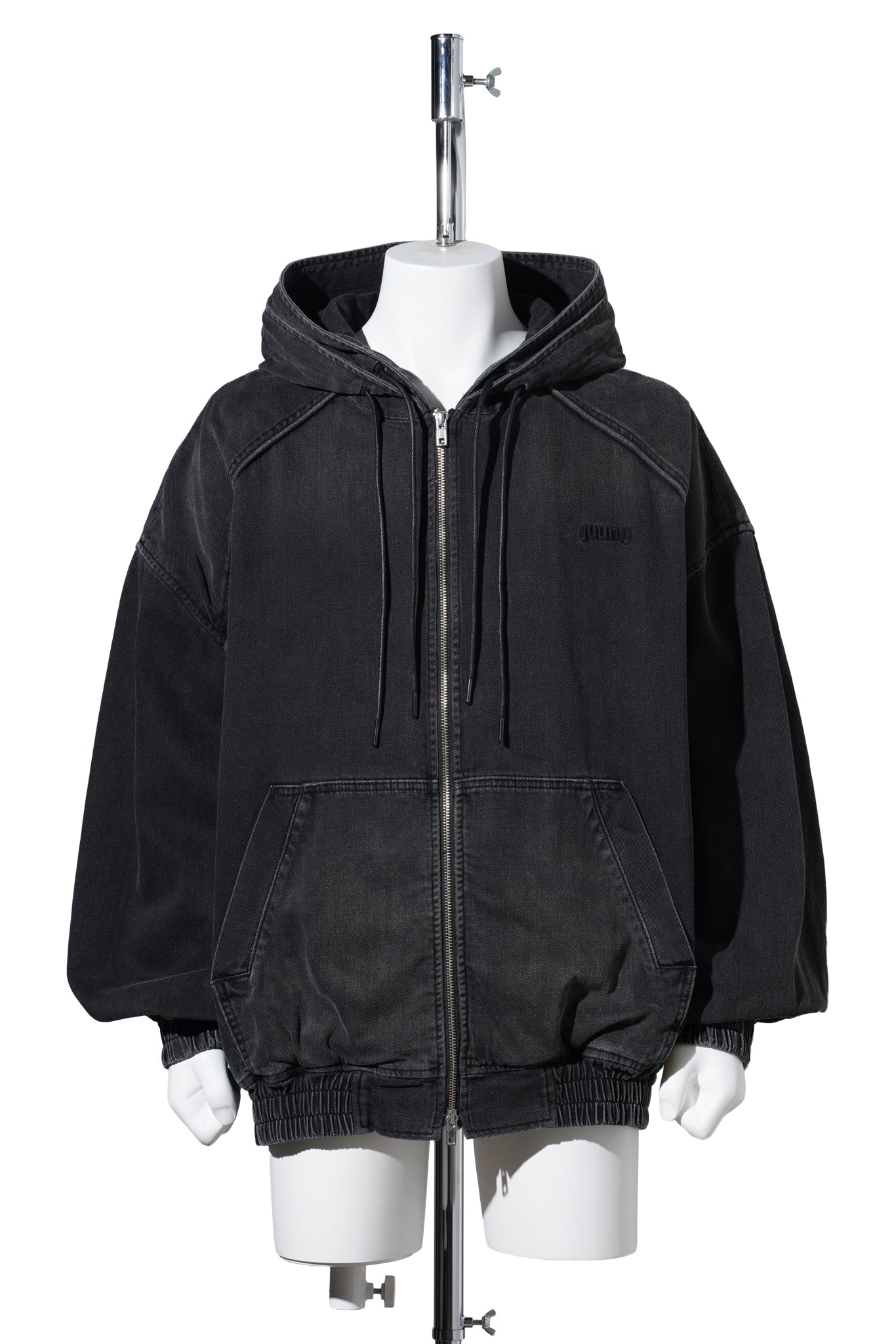 DENIM DOUBLE LAYERED ZIP-UP HOODIE / ASH
