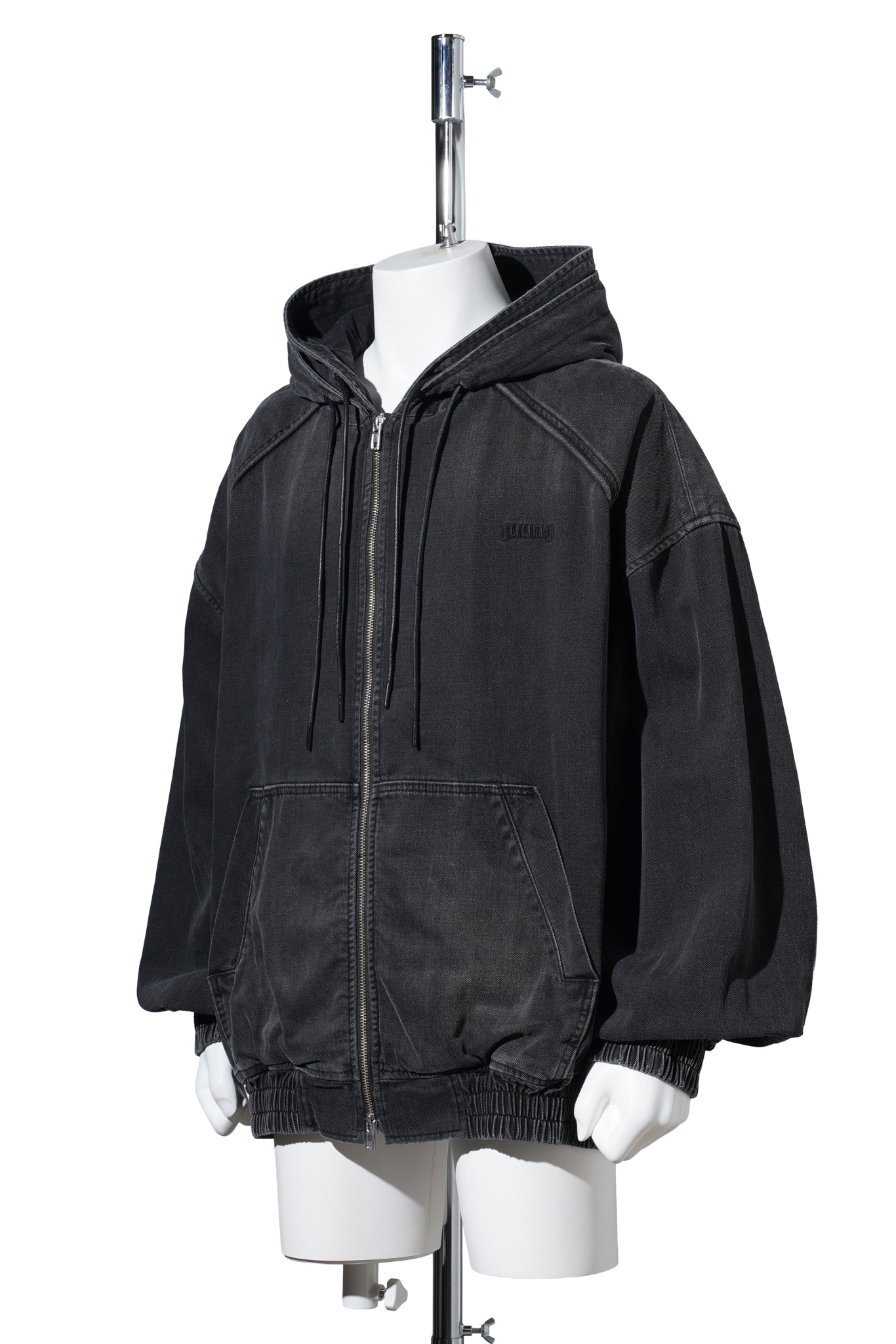 DENIM DOUBLE LAYERED ZIP-UP HOODIE / ASH