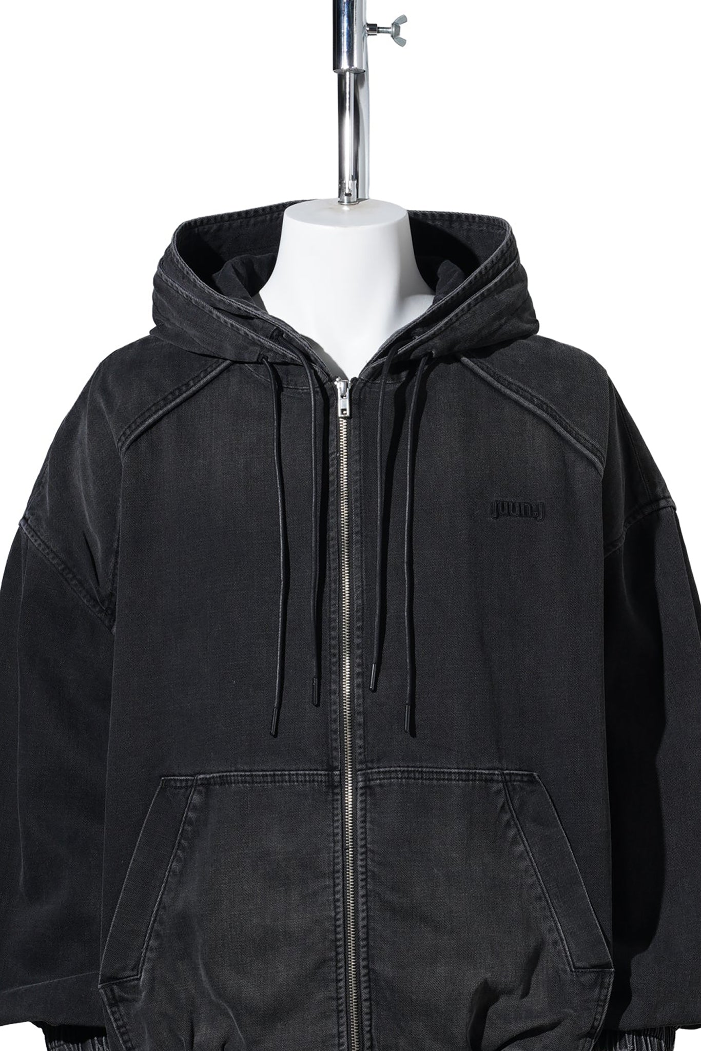 DENIM DOUBLE LAYERED ZIP-UP HOODIE / ASH