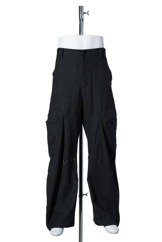 RAW EDGED 3D POCKET TROUSERS / BLACK