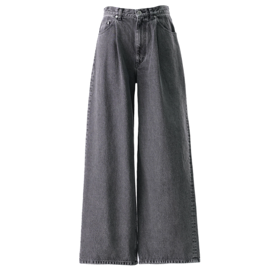 WASHED DENIM TUCKED WIDE JEANS / BLACK