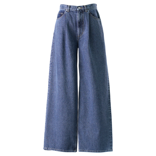 WASHED DENIM TUCKED WIDE JEANS / INDIGO