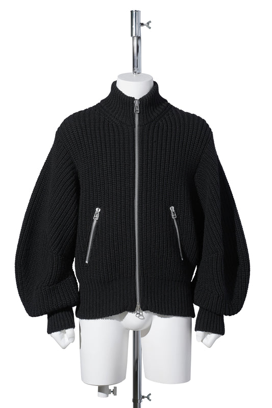 RIBED MASSIVE ROUNDED SLEEVE ZIP-UP KNIT JACKET / BLACK