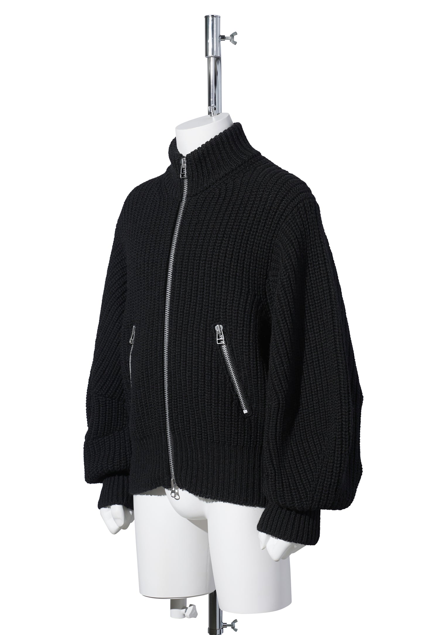 RIBED MASSIVE ROUNDED SLEEVE ZIP-UP KNIT JACKET / BLACK