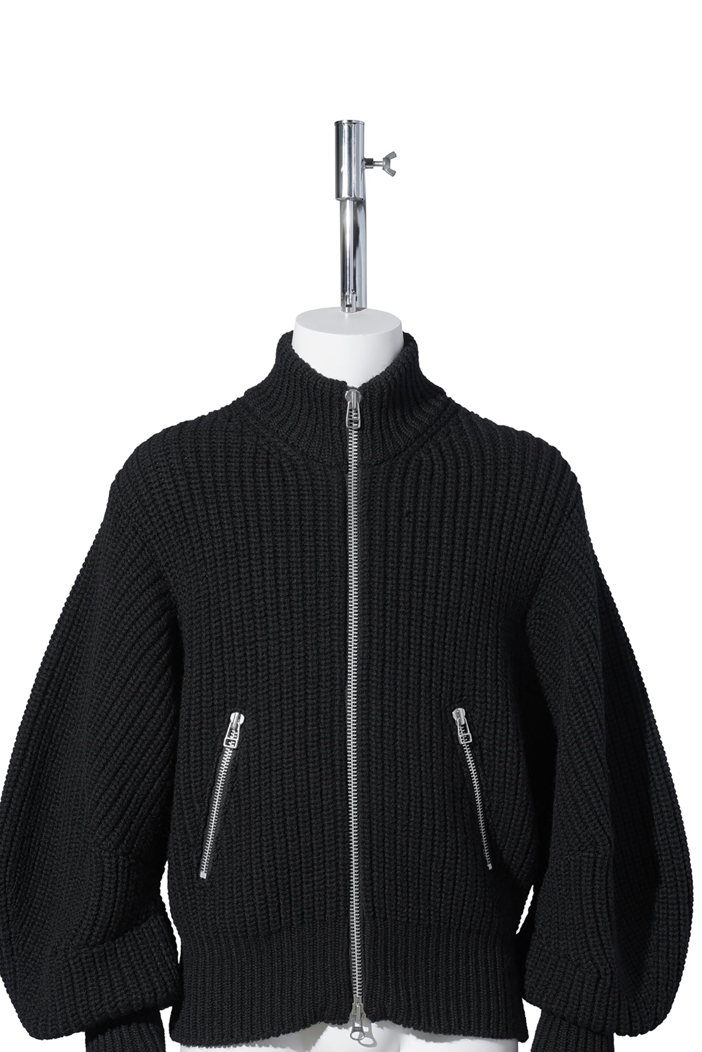RIBED MASSIVE ROUNDED SLEEVE ZIP-UP KNIT JACKET / BLACK