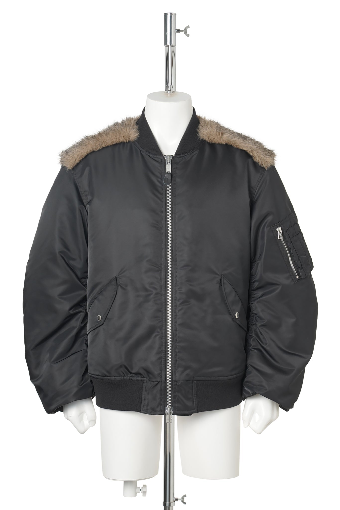 NYLON MASSIVE ROUNDED SLEEVE BOMBER JACKET WITH BACK FUR / BLACK