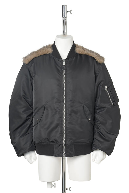 NYLON MASSIVE ROUNDED SLEEVE BOMBER JACKET WITH BACK FUR / BLACK