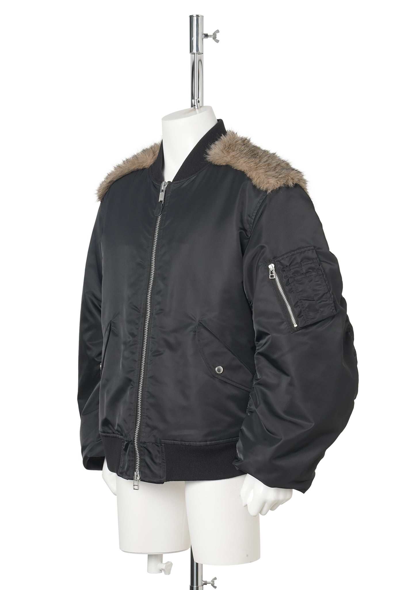 NYLON MASSIVE ROUNDED SLEEVE BOMBER JACKET WITH BACK FUR / BLACK