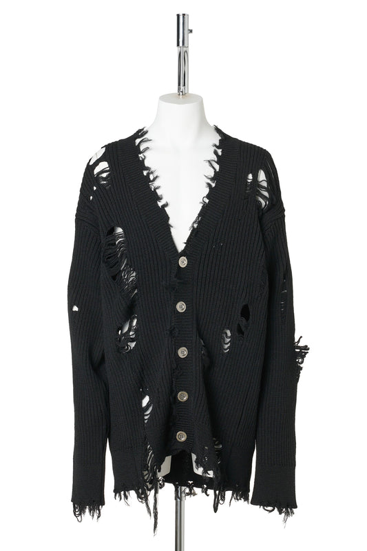 DAMAGED RIB KNIT CARDIGAN / BLACK