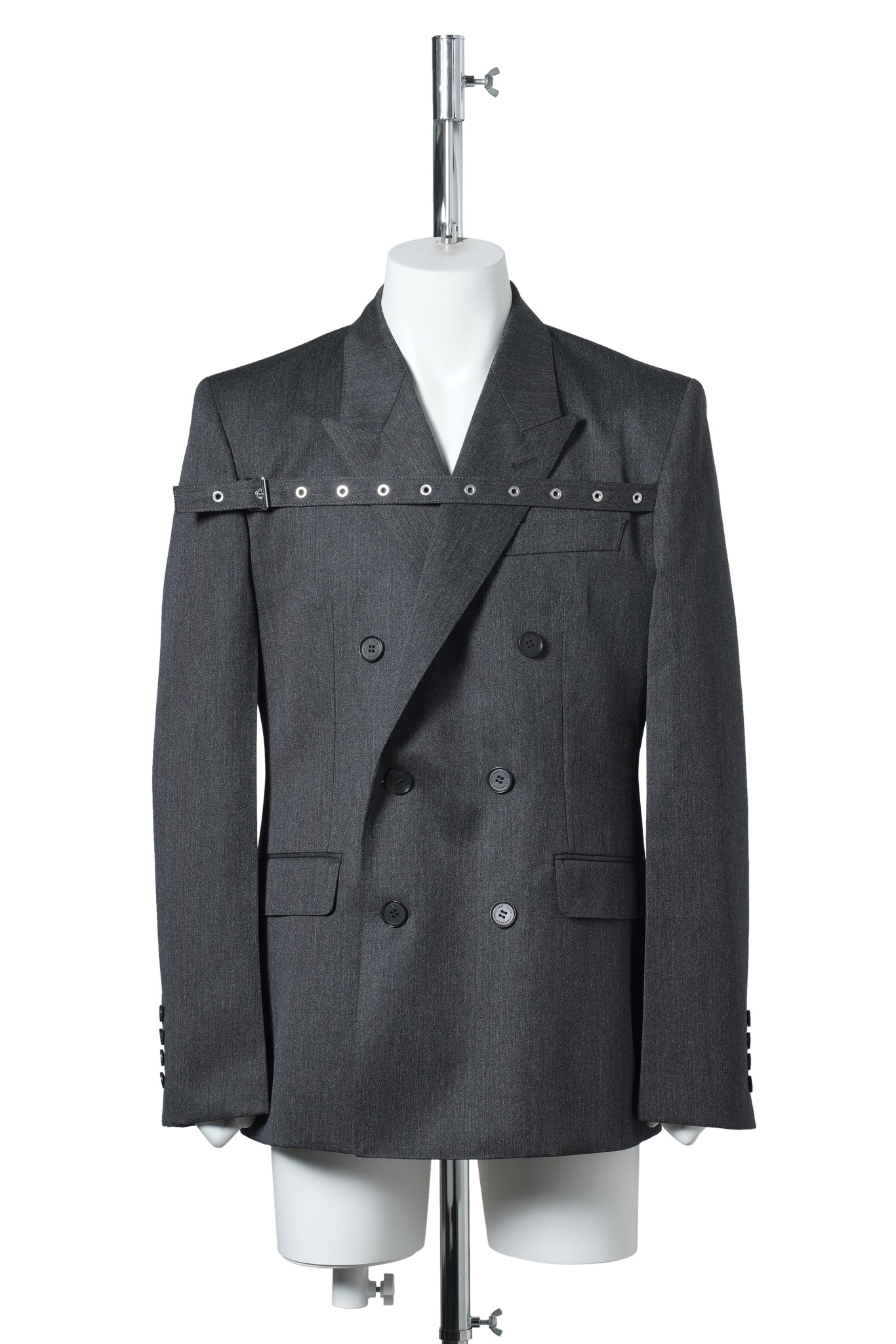 WOOL GABARDINE FLONT STRAP DOUBLE BREASTED JACKET / GREY
