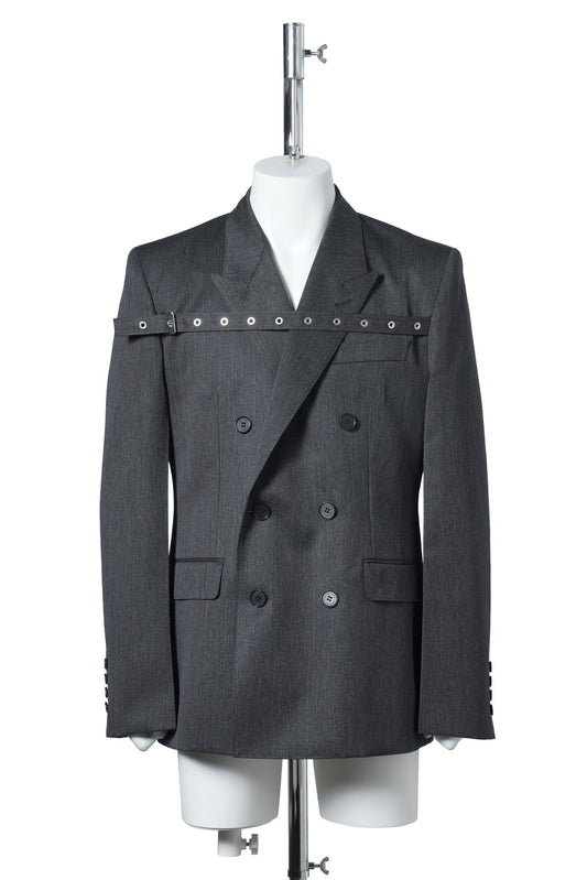 WOOL GABARDINE FLONT STRAP DOUBLE BREASTED JACKET / GREY