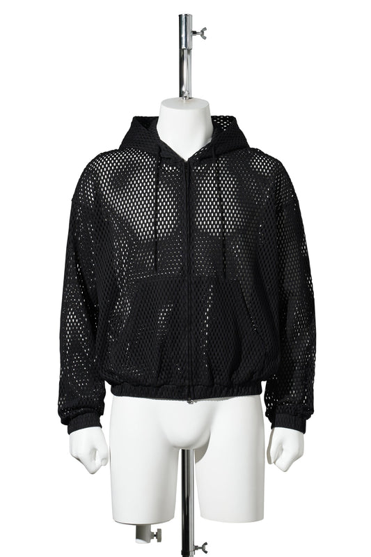 COTTON MESH ZIP-UP HOODIE / BLACK