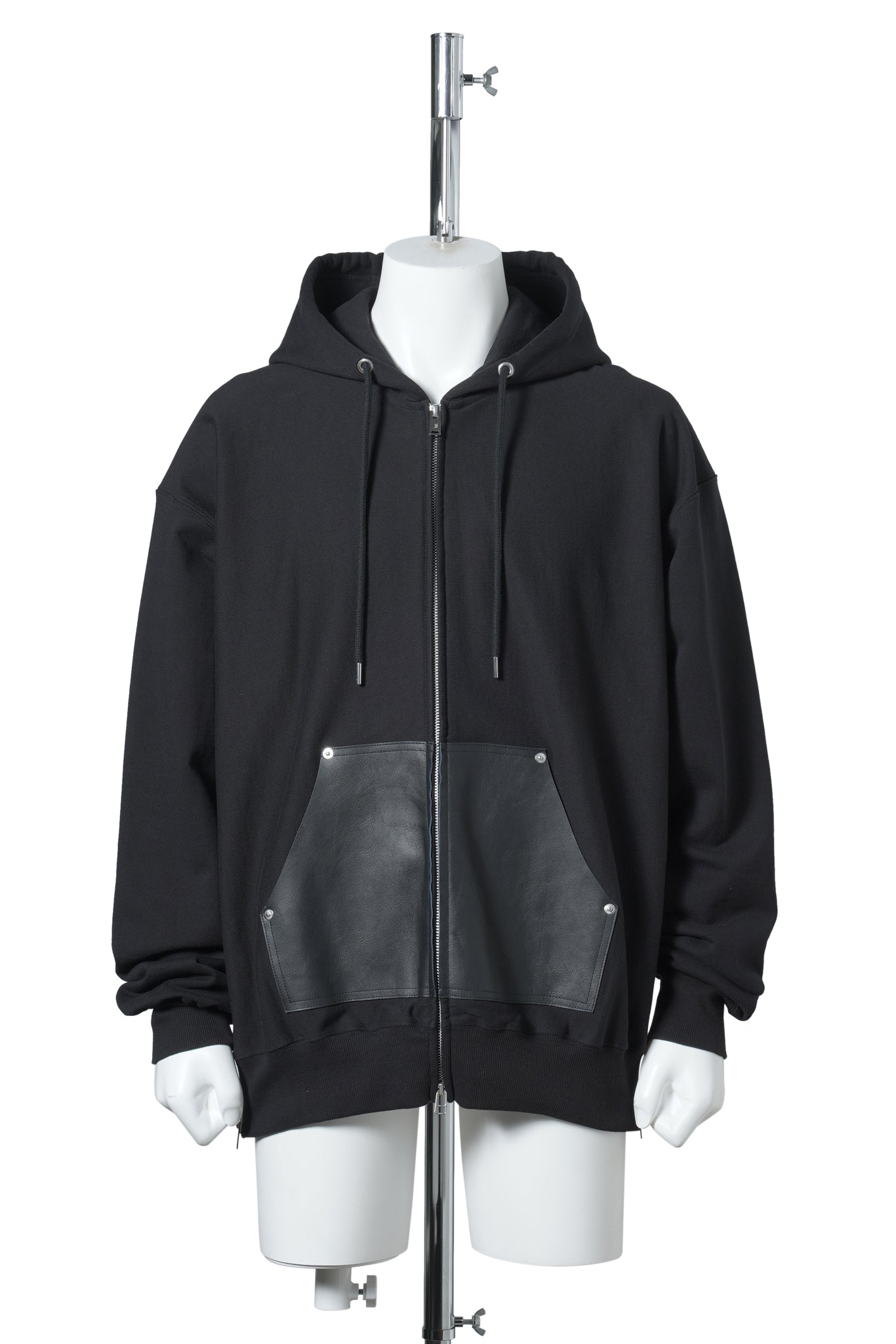 LEATHER POCKET ZIP-UP SWEAT HOODIE / BLACK