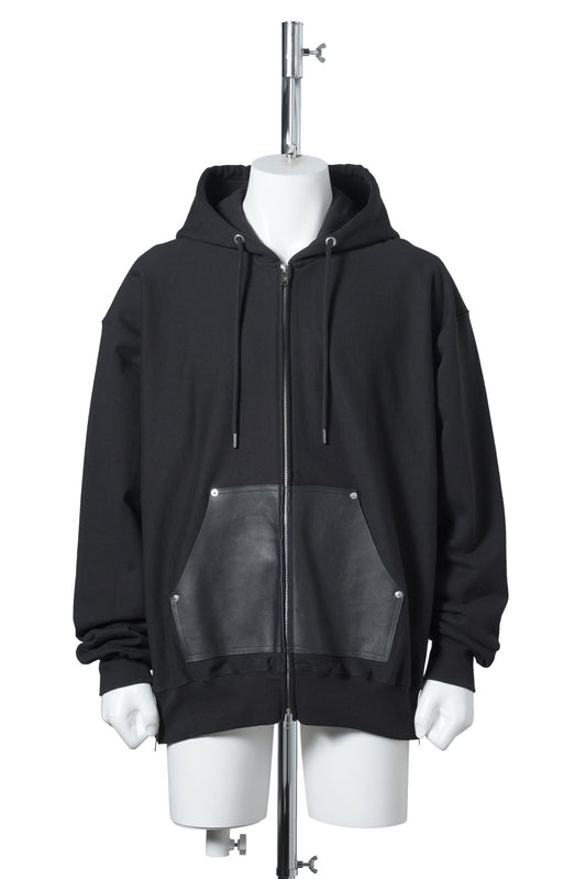 LEATHER POCKET ZIP-UP SWEAT HOODIE / BLACK