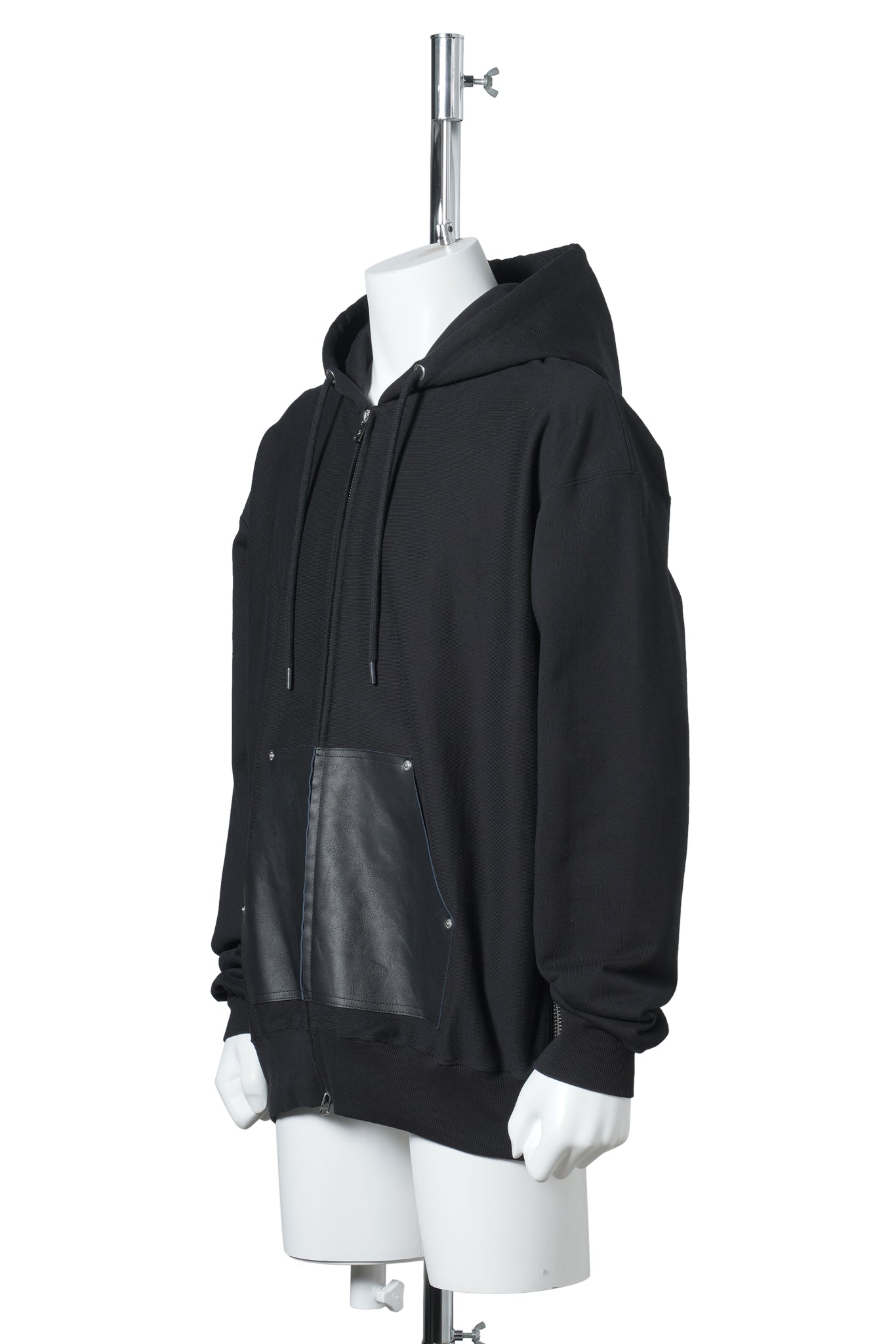 LEATHER POCKET ZIP-UP SWEAT HOODIE / BLACK