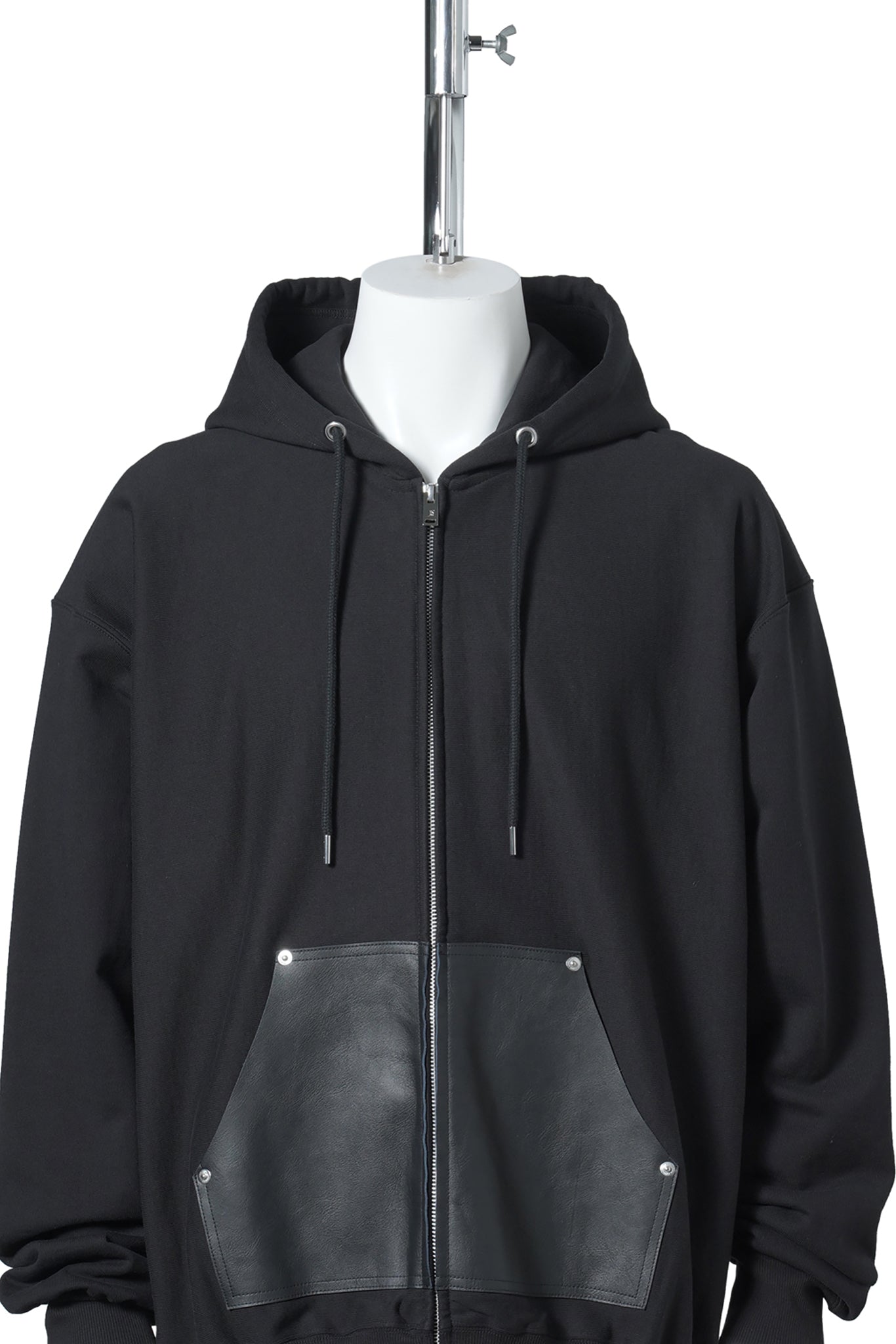 LEATHER POCKET ZIP-UP SWEAT HOODIE / BLACK