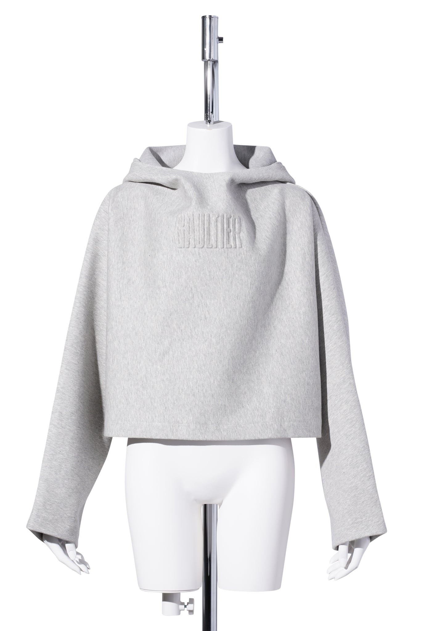 BONDED COTTON CROPPED BAT SLEEVES HOODIE WITH "GAULTIER" EMBOSSING / HEATHERGREY
