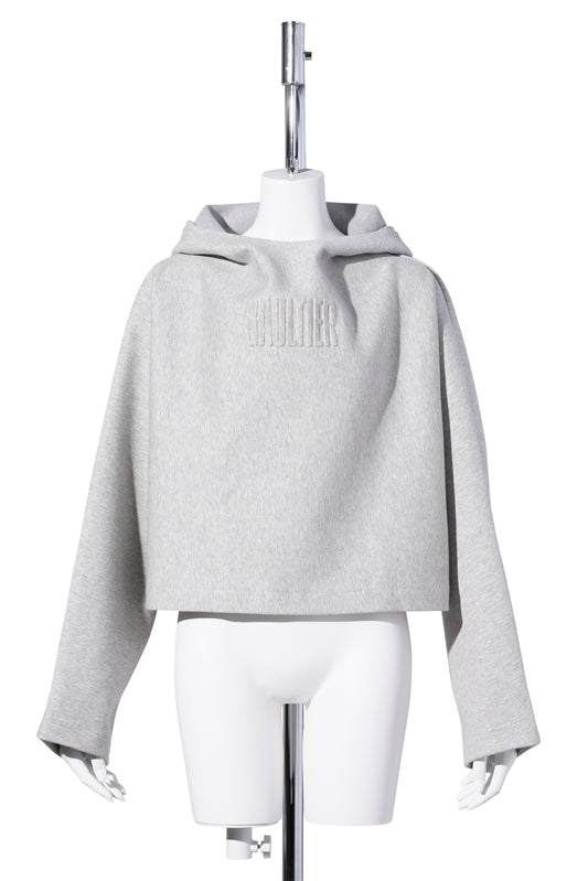 BONDED COTTON CROPPED BAT SLEEVES HOODIE WITH "GAULTIER" EMBOSSING / HEATHERGREY