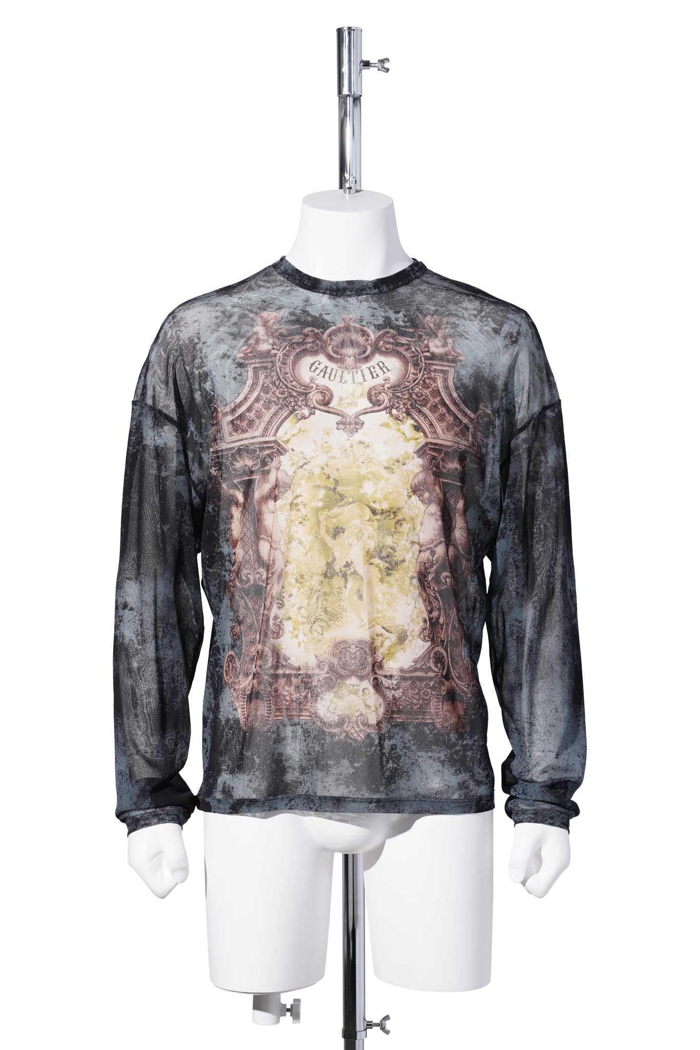 MESH OVERSIZED CREW NECK TOP PRINTED "MÉDAILLON" / BLACK/VINTAGEBLUE/GREEN