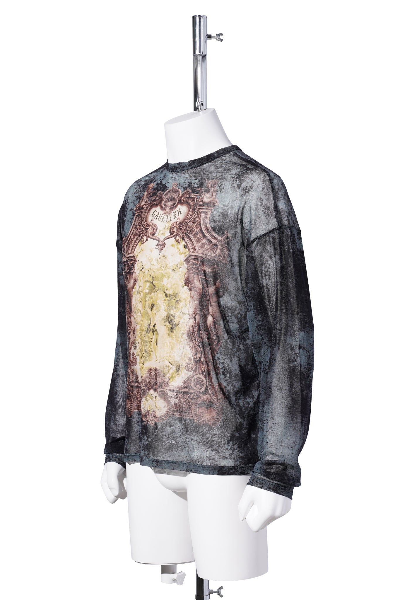 MESH OVERSIZED CREW NECK TOP PRINTED "MÉDAILLON" / BLACK/VINTAGEBLUE/GREEN