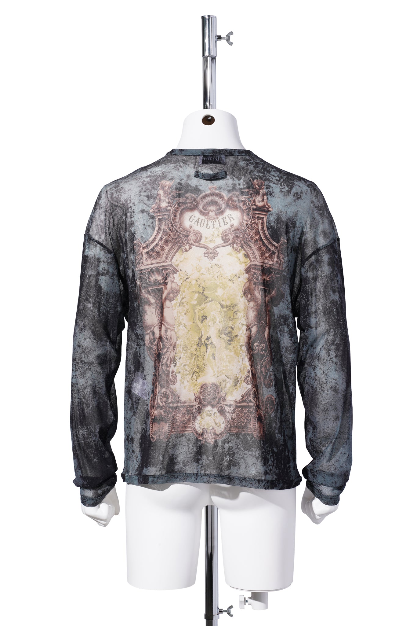 MESH OVERSIZED CREW NECK TOP PRINTED "MÉDAILLON" / BLACK/VINTAGEBLUE/GREEN