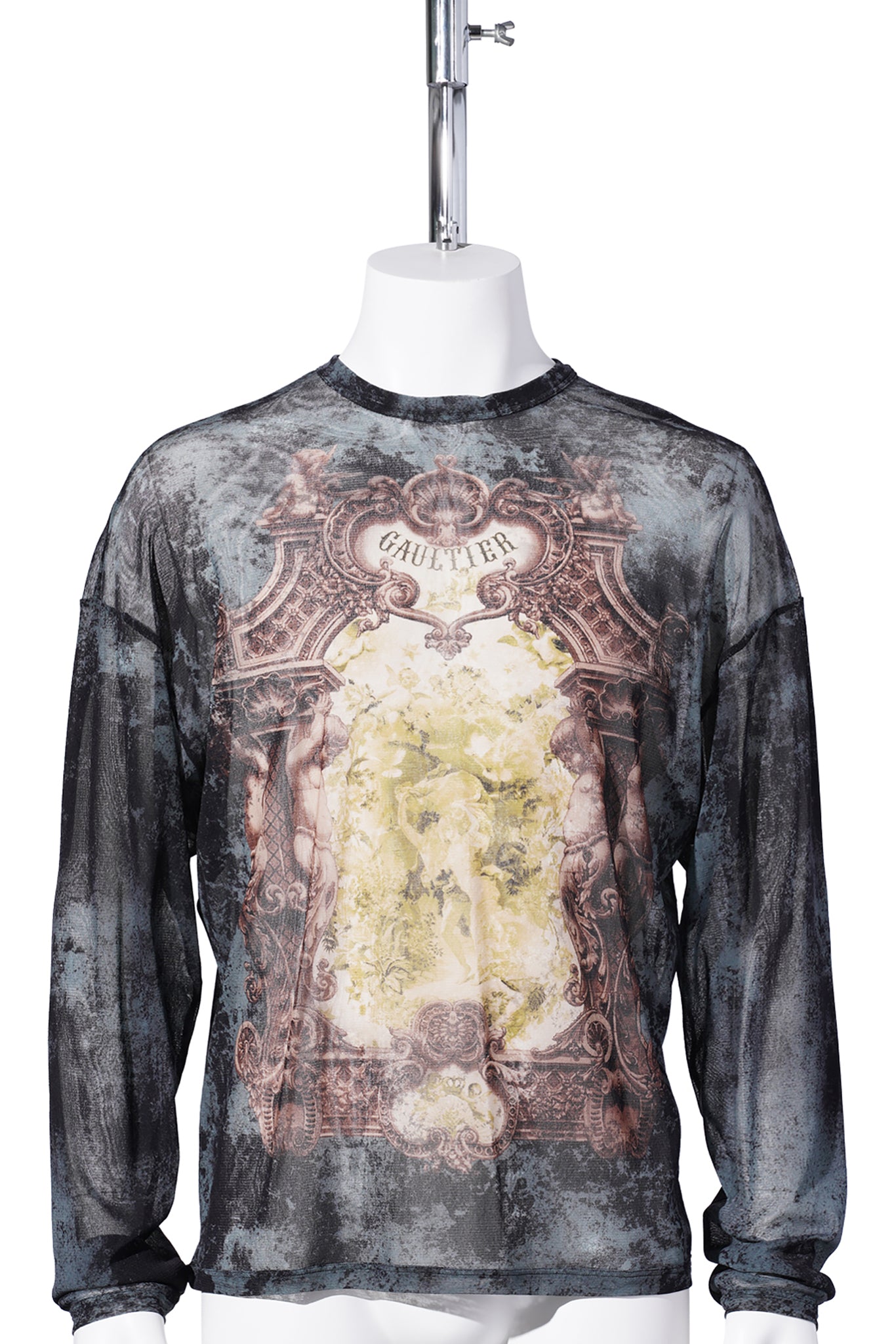 MESH OVERSIZED CREW NECK TOP PRINTED "MÉDAILLON" / BLACK/VINTAGEBLUE/GREEN