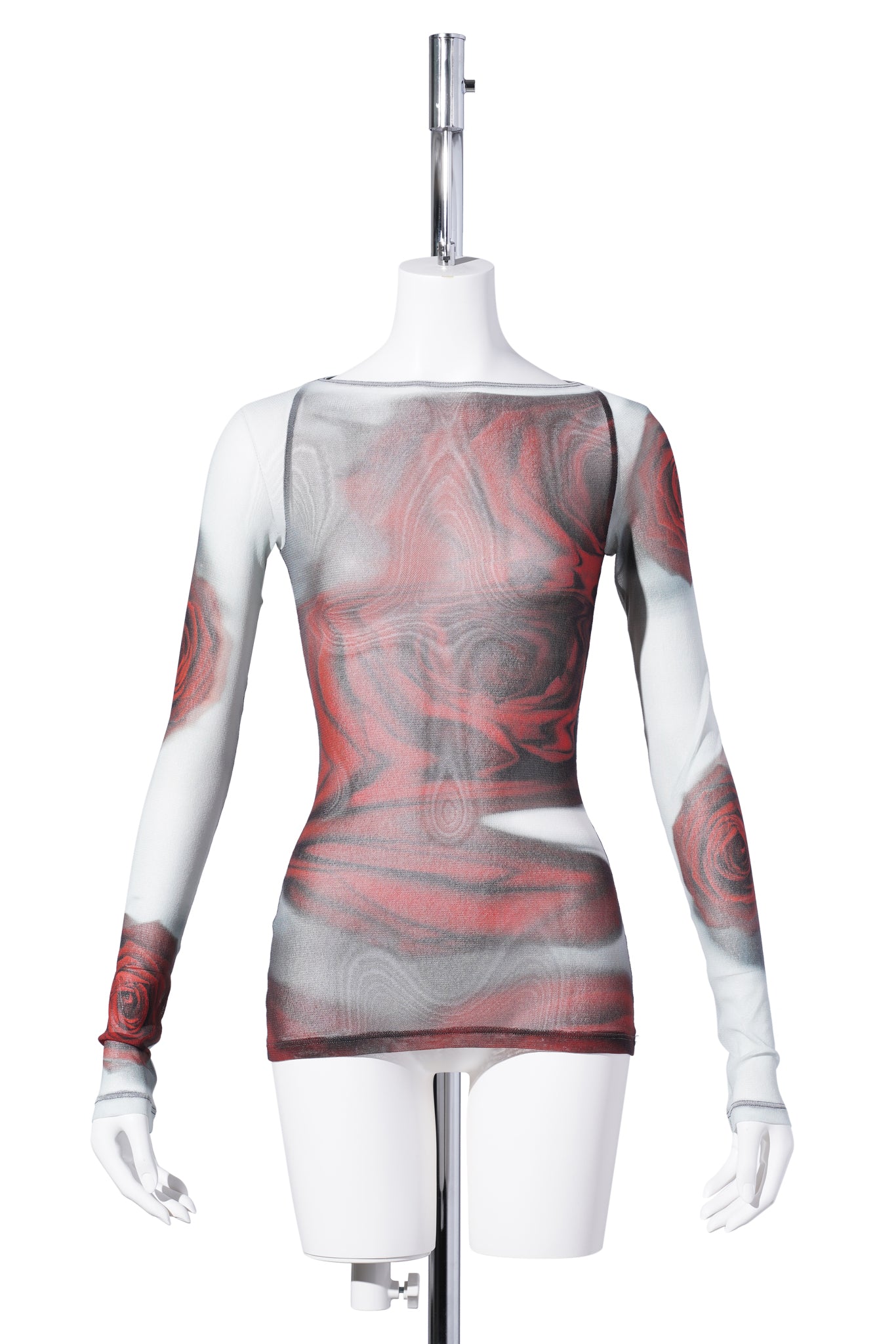 MESH BOAT NECK TOP WITH LONG SLEEVES PRINTED "BLURRY ROSES" / WHITE/GREY/RED